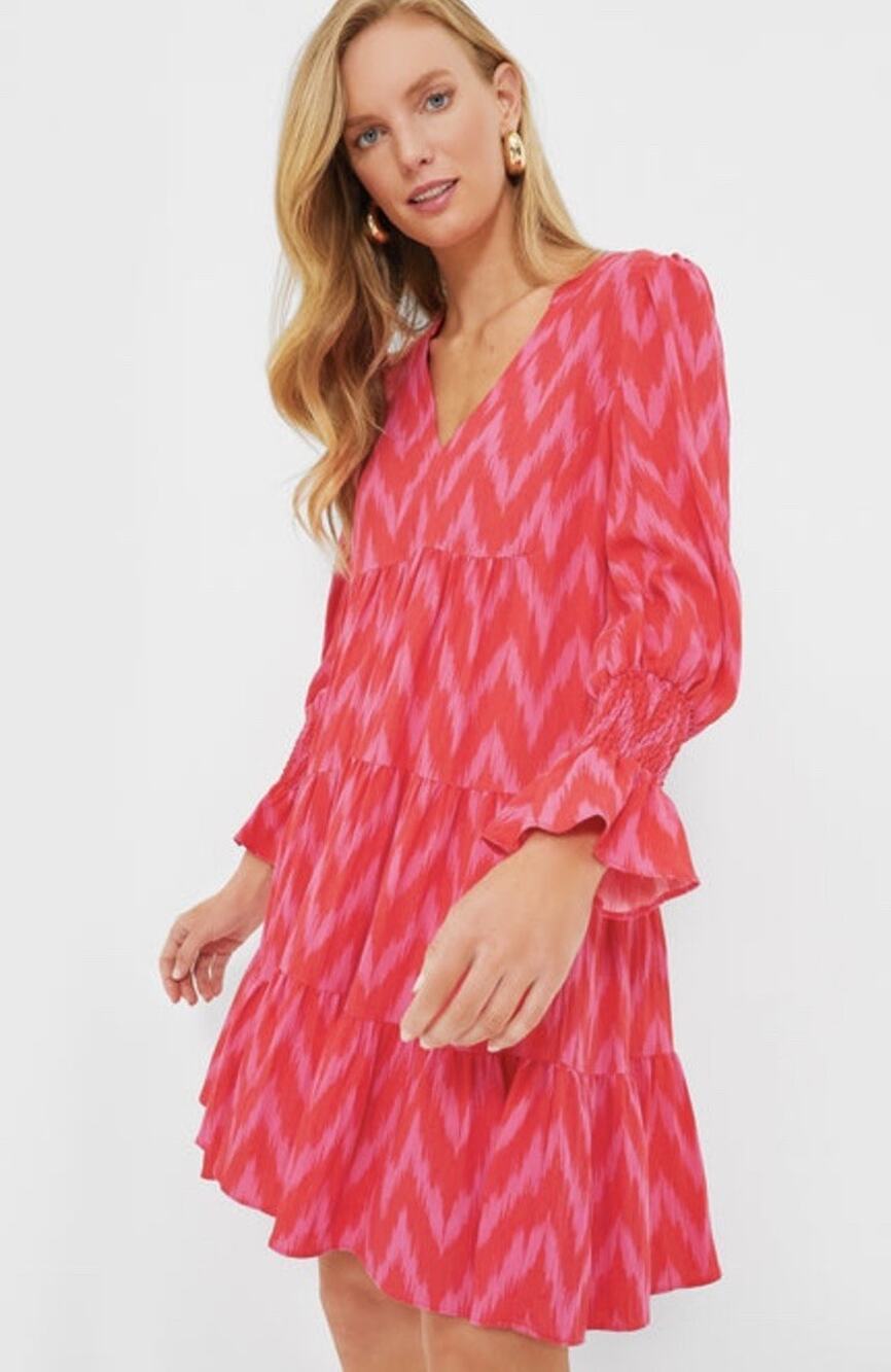 Pomander Place Women’s Hot Pink Ikat Kenzo Dress Long Sleeve Size Small